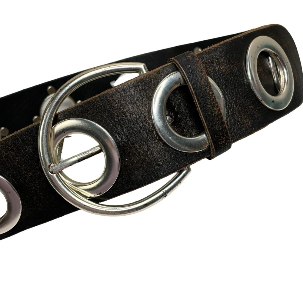 Black Leather Belt with Large Silver Grommets Round Silver Buckle Size Medium